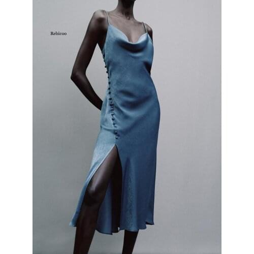 Summer Women Fashion Sexy satin camisole Dress Vintage Bodycon Party Dresses Female Chic thin straps side vent Long dress