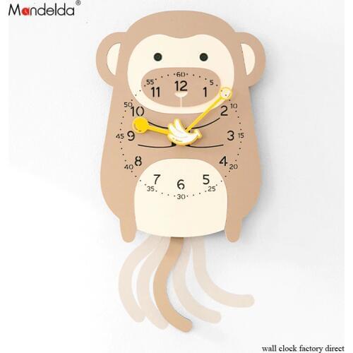 Lovely Monkey Clock Watch Wall Clock Diy Home Decoration Kids Cartoon Creative Animal Swing Wooden Clocks for Sale