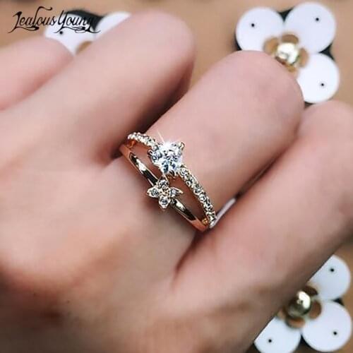Cute Female Heart Shape Double Engagement Rings for Women Girl Fashion Zirconia Party Ring Jewelry