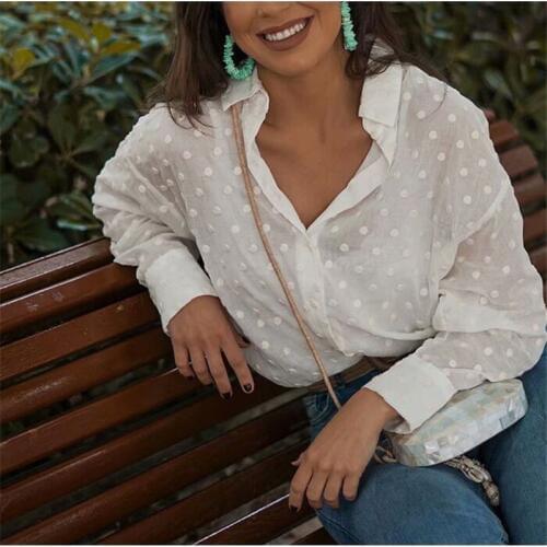 Fashion Womens Tops and Blouses Polka Dot Long Sleeve White OL Shirt Ladies Loose Blouse Tops Ladies blusa feminina Plus Size