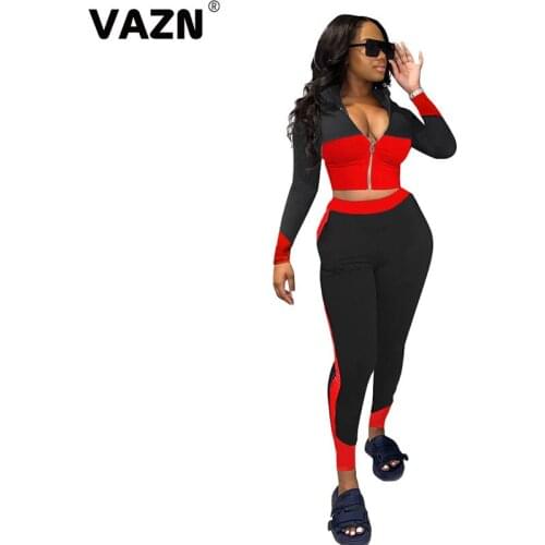 VAZN 2020 New Patchwork Print Fashion Sport Running Casual Zippers V-Neck Outfits Tracksuits Sexy Full Sleeve Full Pants Set