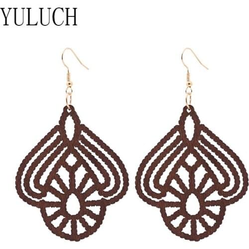 YULUCH New arrival woman hollow flower earrings girl wood pendant jewelry environmental protection accessories holiday gift art