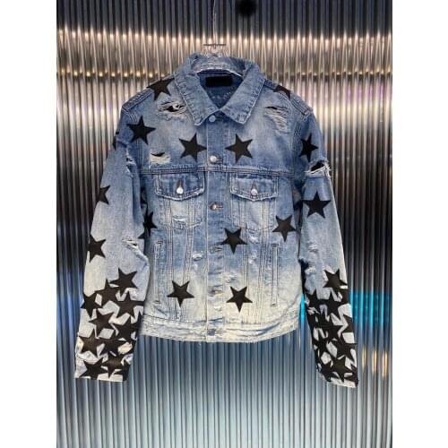 New style poison full stitching leather five-pointed star leather star hole denim jacket Europe and the United States brand