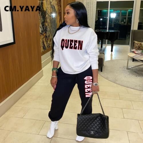CM.YAYA Fall Winter Activewear Letter Womens Set Sweatshirt Jogger Pants Matching Set Tracksuit Fitness Two 2 Piece Set Outfit