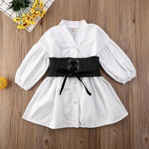 Baby Girls Dress White Puff Long Sleeve V-Neck Solid Color Button Down Belt Mini Tie Waist Shirt Dress