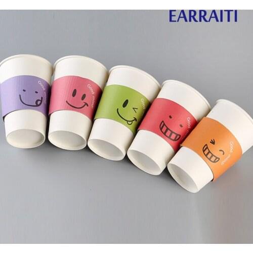 100PCS Disposable Cup Sleeve Tea Shop Coffe Cup Sleeve Double Layer Craft Paper Sleeves Juice Non-slip Smiling Face Customize