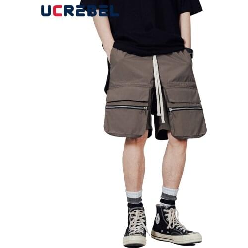 Multi-pocket Cargo Shorts Mens Summer Elastic Waist Knee-length Shorts High Street Solid Color Loose Casual Half Pants Men
