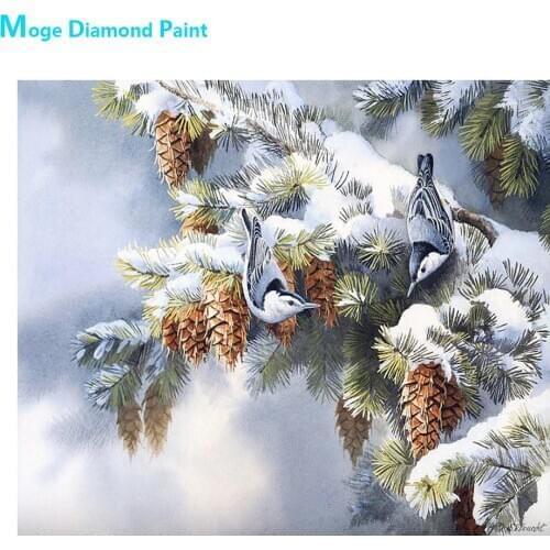 Snowy Pine Cones Blue Magpie Diamond Painting Round Full Drill Animal Bird Nouveaute DIY Mosaic Embroidery 5D Cross Stitch Gifts
