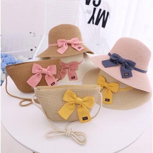 New Summer Girls Princess Straw Hat With Handbags 2 Pcs Set Holiday Child Baby Sweet Cute Bow Sun Hat UV Protection Beach Hat