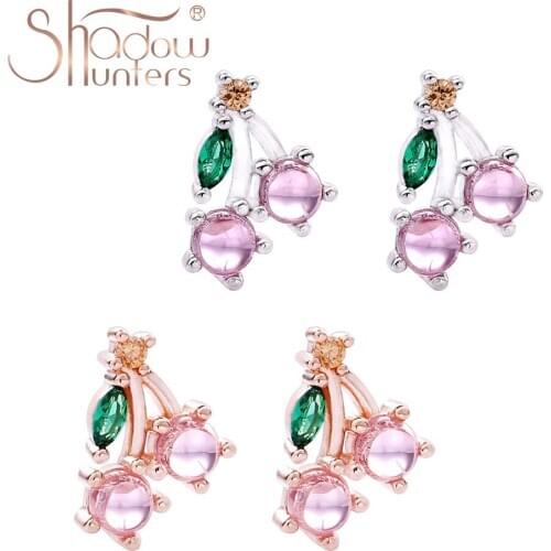SHADOWHUNTERS 925 Sterling Silver Stud Earrings Crystal Cherry Earrings Clear CZ For Young Girl Student Jewelry Fruit Pendientes
