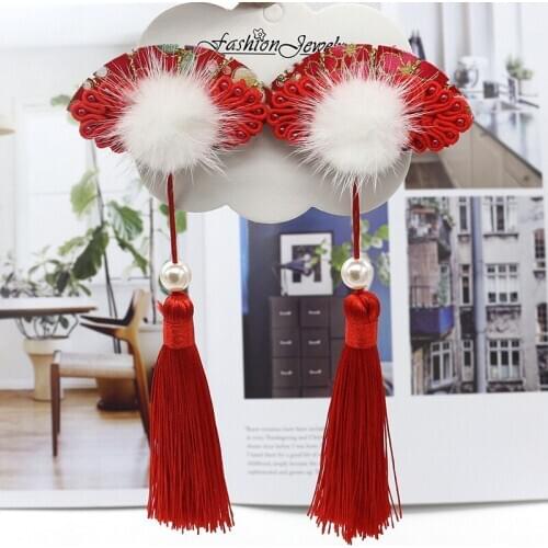 Chinese Style Tassel Hanfu Hairpin Kawaii Hair Clips Girl Hair Accessories Cosplay Ball Mink Hair Fan Pair Children Headdress
