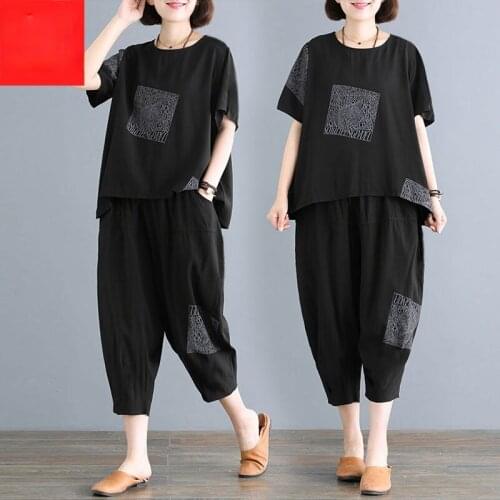 2 Piece Sets Womens Outfits 2021 Summer Sport Short Sleeve Tracksuit Cotton O Neck Black Two Piece Pants Set Plus Size 5XL X150