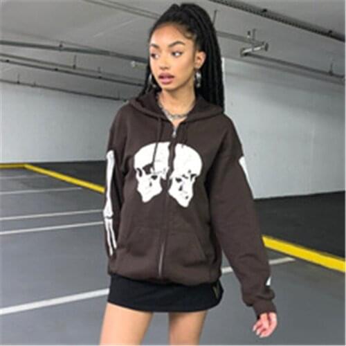 Ladies Y2k Skeleton Printed Hooded Women Casual Long Sleeve Sweatshirt Cardigan With Pockets Autumn Winter Streetwear