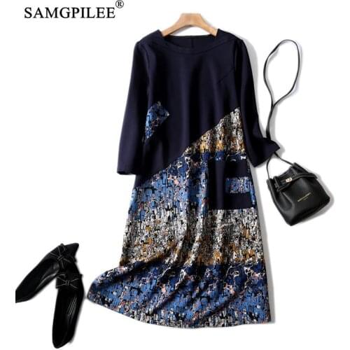 Dresses Autumn 2021 Woman Office Lady A-line Print Three Quarter Sleeve Empire O-neck Plus Size Winter Dress For Women 4XL