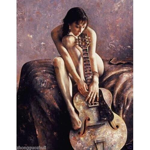 100%Handmade Enchanting Oil painting naked female portrait young girl with cello canvas