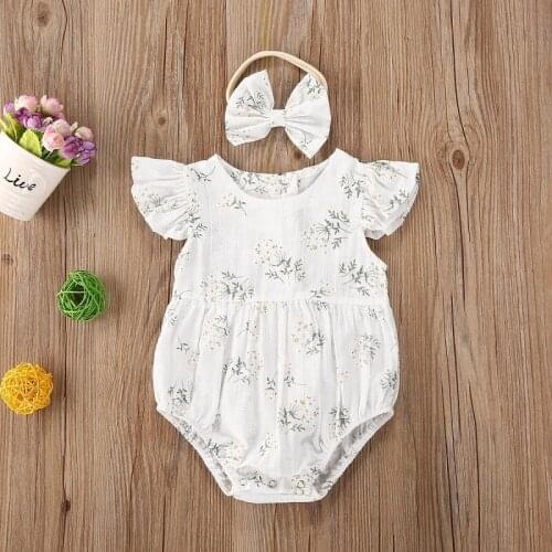 0-24M Cute Newborn Baby Girl Fly Sleeve Soft Cotton Floral Romper Jumpsuit Headband 2PCS Summer Clothes