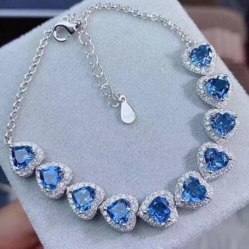 Pure Natural Blue Topaz Bracelet Heart-shaped Swiss Blue 925 Sterling Silver Chain Support Topaz Detection Valentines Day Gift