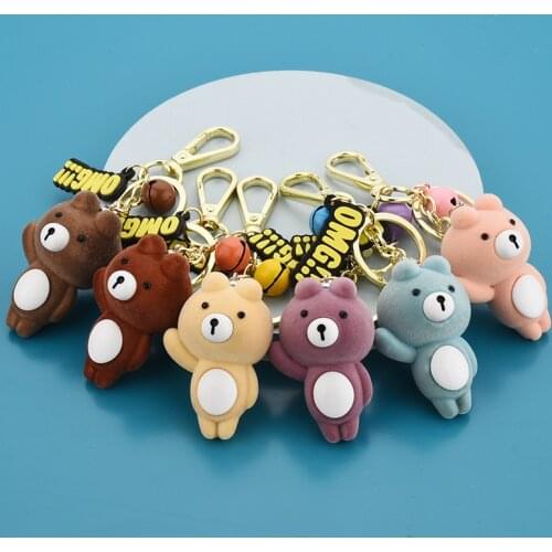 2021 New Cartoon Flocking Stand Bear Keychains Cute Bear Key Chain Creative Custom Couple Ins Bag Pendant Car Leather Key Ring