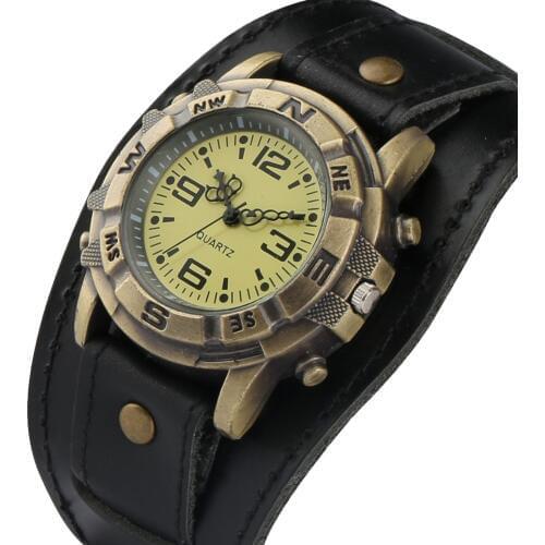 Men Watches Classic Punk Quartz Watch Exquisite Bronze Case Watches Durable Wide Leather Band Wristwatch for Husband Black/Brown