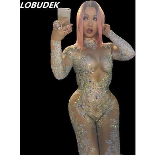 High-end Nightclub Female Costume Sparkly Rhinestones Skinny Elastic Jumpsuit Bar Party Stage Show Celebration Dance Performance