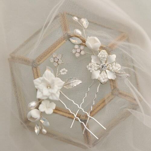 Floralbride Handmade Ceram Flower Freshwater Pearls Bridal Hair Pin Wedding Hair Sticker Women Jewelry Hair Accessories