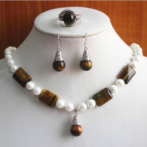 Hot sell new - party Wholesale Womens 8mm white pearl mixed tiger eye stone Necklace earring ring(7/8/9) set