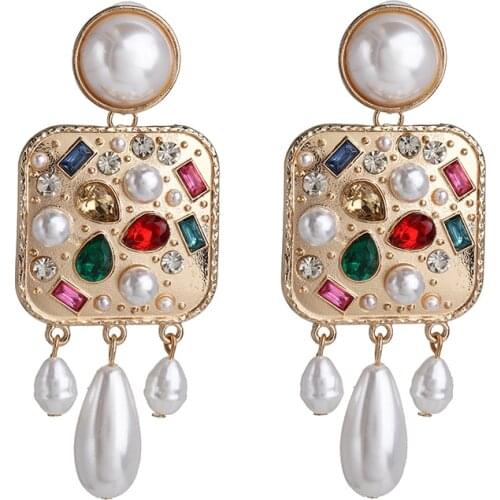 JURAN Ethnic Pearl Rhinestones Geometric Earrings For Women Girl Bohemia Crystal Tassel Drop Earrings Wedding Party Jewelry