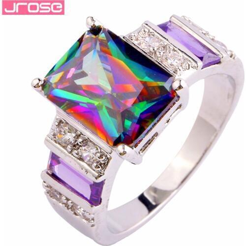 JROSE Cocktail Fire Rainbow Mystic & Purple & White CZ Silver Color Ring Size 6 7 8 9 10 11 12 13 Gorgeous Fashion Jewelry Gifts