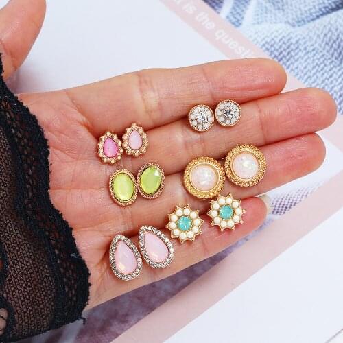 Fashion Simple All-match Resin Gem Ornament Earrings 6 Pair/Set Womens Faux Pearl Water Drops Flowers Assorted Earrings Set