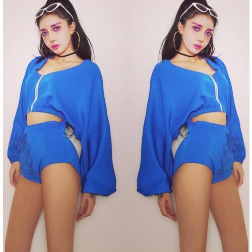 New DJ Female Singer Blue Jazz Dance Costume Stage Nightclub Ds Cheerleader Hip Hop Performance Costume 2 Pieces Set DWY1820