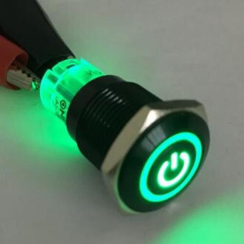 ONPOW 16mm black body illuminated power symbol latching push button switch anti-vandal(CE, RoHS) LAS2GQF-11ZET/G/12V/A