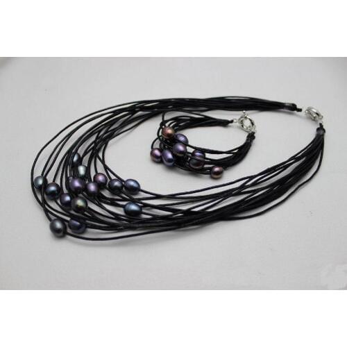 Fashion Leather Pearl Jewelry Black Genuine Leather Black Color Freshwater Pearl Necklace Bracelet Jewelry Set