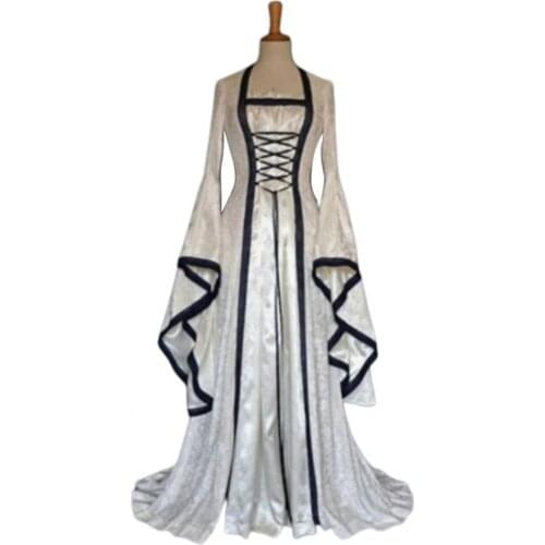 Cosplay Dress Flare Sleeve Vintage Floor Length Solid Color Large Cuff Maxi Dress for Halloween Evening Party Dress Costume