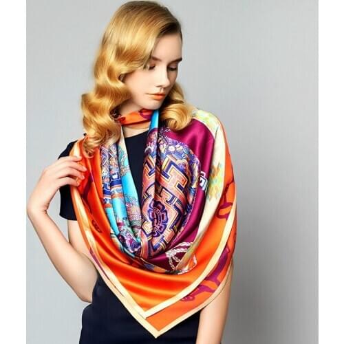 Chinese Hand Embassy Large Square Scarf Silk Scarf Womens All-Matching Printed Shawl Silk Dual-Purpose Gift embroidery fabric