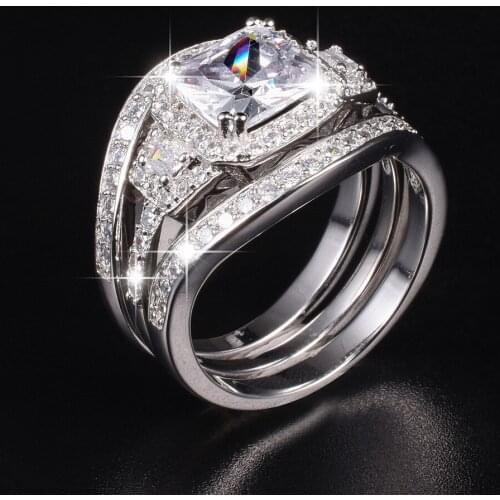 Luxury Princess-cut Simulated Diamond Rings Sets 3-in-1 Engagement Wedding Ring finger For Women 10K White gold Plated Jewelry