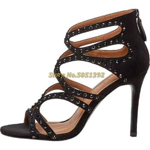 Rivet Crystal Hollow Sandals Dress Women Stiletto High Heel Shoes Open Toe Back Zipper Rome Women Shoes Black Suede Shoes
