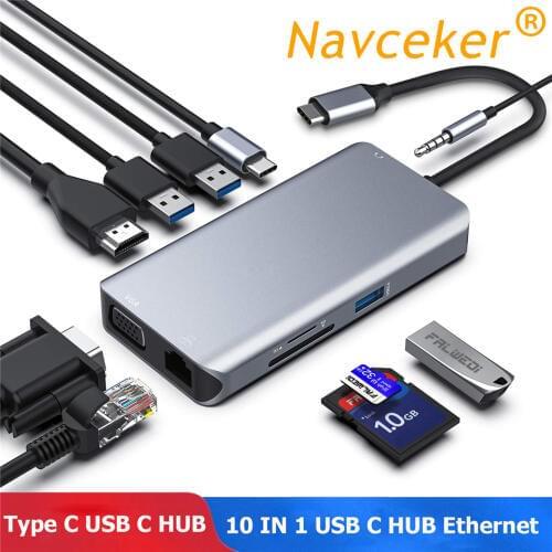 2020 USB Hubs 10 in 1 USB C Hub With 4K HDMI USB 3.0 Port SD/TF Card Reader VGA RJ45 Gigabit Ethernet Type C HUB For Macbook Pro