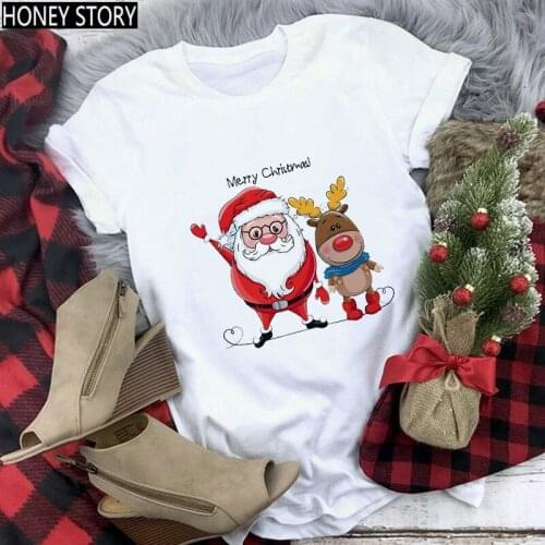 FIXSYS Cute Santa Claus and Reindeer Print Women T-Shirt Unisex Loose Size Casual New Fashion Tops Ladies Christmas Tee Shirt