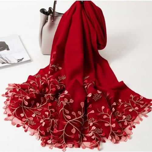 Women Wool Scarves Winter Luxury Shawl Wrap Stole Embroidery Red Scarf Female Wedding Headscarf Pashmina Cashmere Foulard Femme