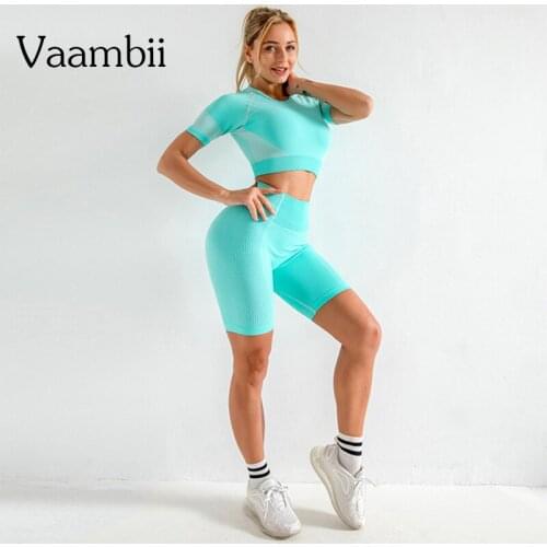Womens Tracksuit Seamless Fitness Suit With Shorts Summer Clothes For Women Fitness Clothing Crop Top Set Woman 2 Pieces