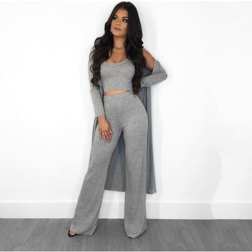 Three Piece Knitting Women Tracksuits Solid Autumn Sets High Waist Stretchy Sportswear Crop Tops With Long Jacket Outfits