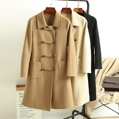 Womens Autumn and Winter Mid Long Korean All Wool Double Faced Tweed Coat 2021 New
