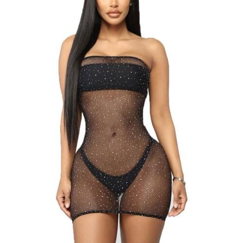 Women Sexy Summer Beach Fishnet Mini Dress Female Off Shoulder Fishnet Bling Diamante Dress Crystal Beach Dress Mesh Cover Up