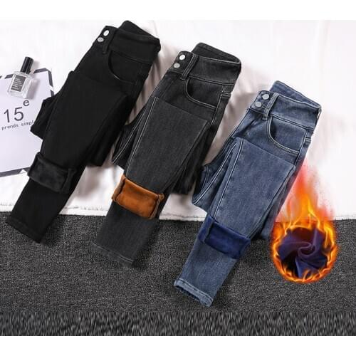 Winter Womens Velvet Jeans Mom Warm Thick High Waist Double-button Skinny Jeans Slim Stretch Ladies Trousers Female Denim Jeans