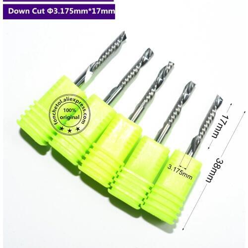 5 PCS-3.175*17mm One Single Flute Down Cutter,Left Helical Carbide Milling Tool Bit for Cutting Grooving Wood, Plastic Board PVC