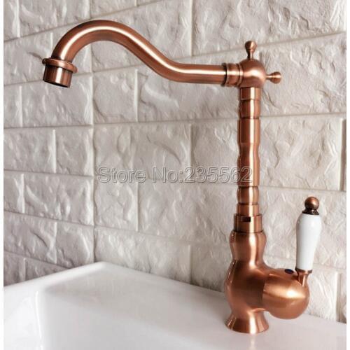 Swivel Spout Antique Red Copper Bathroom Faucet Deck Mounted Single Handle Cold and Hot Water Taps Basin / Sink Faucets lnf408