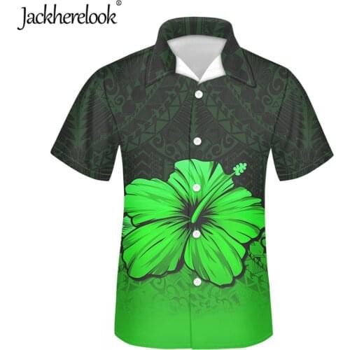 Jackherelook Green Hibiscus Hawaiian Shirts Men Clothes Polynesian Tattoo Print Summer Cuban Guayabera Shirt Button Down Top