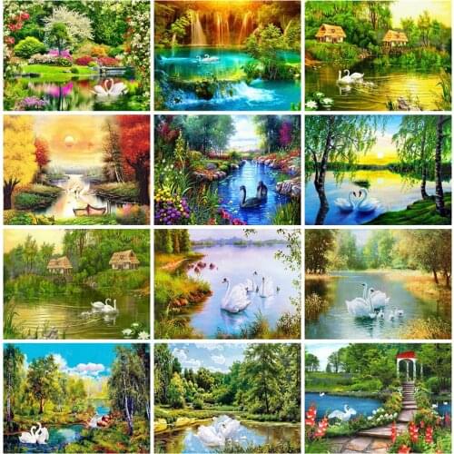 Huacan Diamond Painting Kit Natural Landscape Handmade Gift Mosaic Swan Embroidery Animal Home Decoration