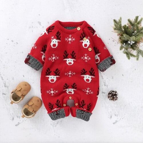 Cute Cartoon Christmas Newborn Baby Sweater Romper Elk Pattern Long Sleeve Button Winter Warm Toddler Baby Jumpsuit Clothes