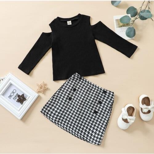 Fashion 2021 Autumn Infant Girls Casual Outfits Baby Cold-shoulder Knitted Long Sleeve Pullover Tops+Houndstooth Print Skirt Set